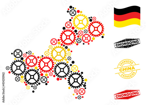 Gear Chongqing City map collage and seals. Vector collage is created from industrial icons in variable sizes  and German flag official colors - red  yellow  black.