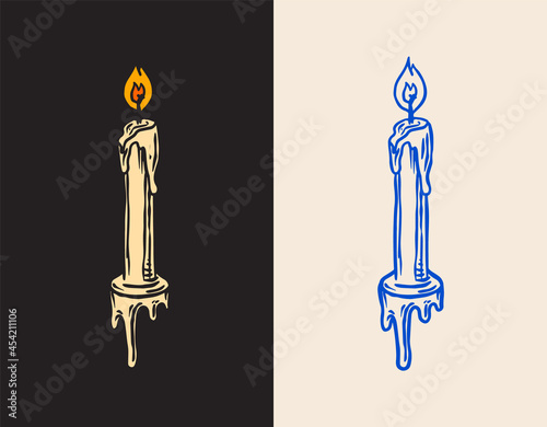 Candle and ignitable wick embedded in wax in vintage engraved style. Method of keeping time. Retro vector illustration for woodcut or woodblock or print. Hand drawn.