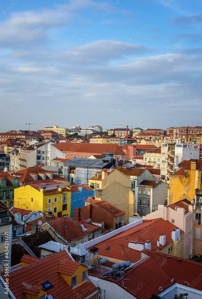 rooftops of the bright colorful houses of the old quarter in Lisbon