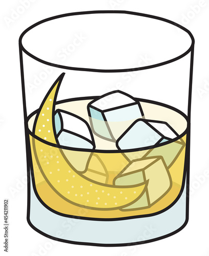 Rusty Nail classic IBA listed unforgettable cocktail in rocks glass. Whiskey and honey liquor based yellow drink garnished with lemon zest. Stylish hand-drawn doodle cartoon style vector illustration