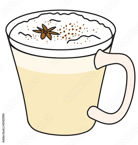 Tom and Jerry, Eggnog or egg milk punch hot winter Christmas cocktail garnished with star anise and nutmeg. Stylish hand-drawn doodle cartoon style illustration good for bar menu, cook book recipe