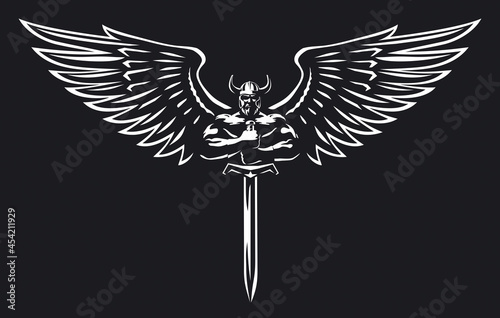 A muscular man with wings in a helmet holds and sword 