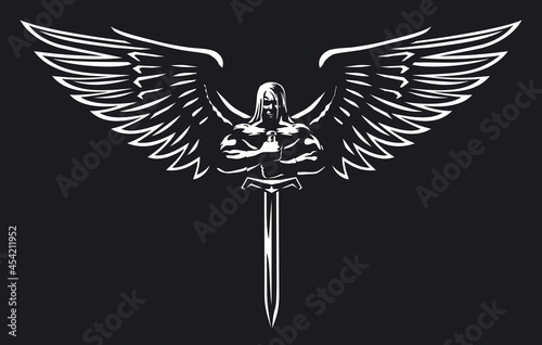 Photo A muscular man with wings and sword