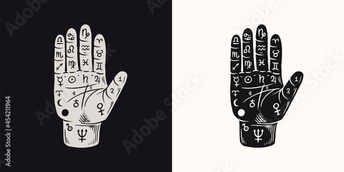 Mystical magic palmistry. Esoteric or alchemy occult sketch for tattoo. Fate in the palm of your hand. Hand Drawn Engraved illustration.