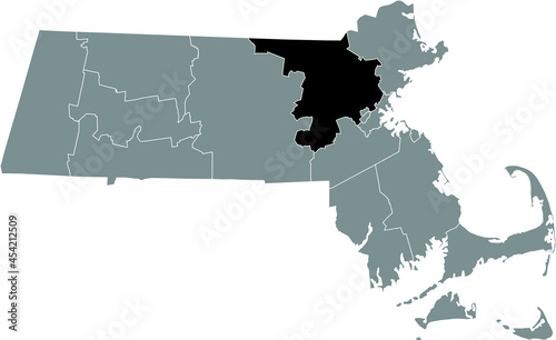 Black highlighted location map of the Middlesex County inside gray map of the Federal State of Massachusetts, USA