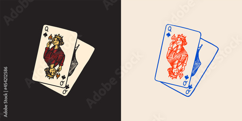 Playing cards in vintage doodle style. Spades Queen. Hand drawn engraved doodle sketch. Vector illustration for tattoo or t-shirt.