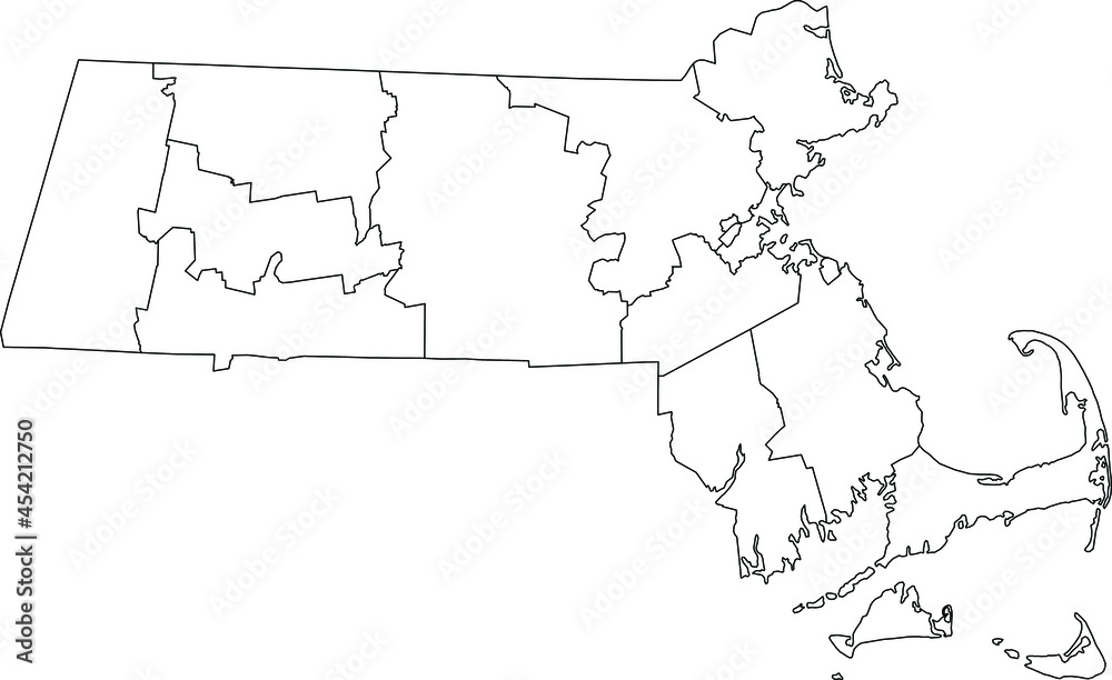 White blank vector map of the Federal State of Massachusetts, USA with black borders of its counties