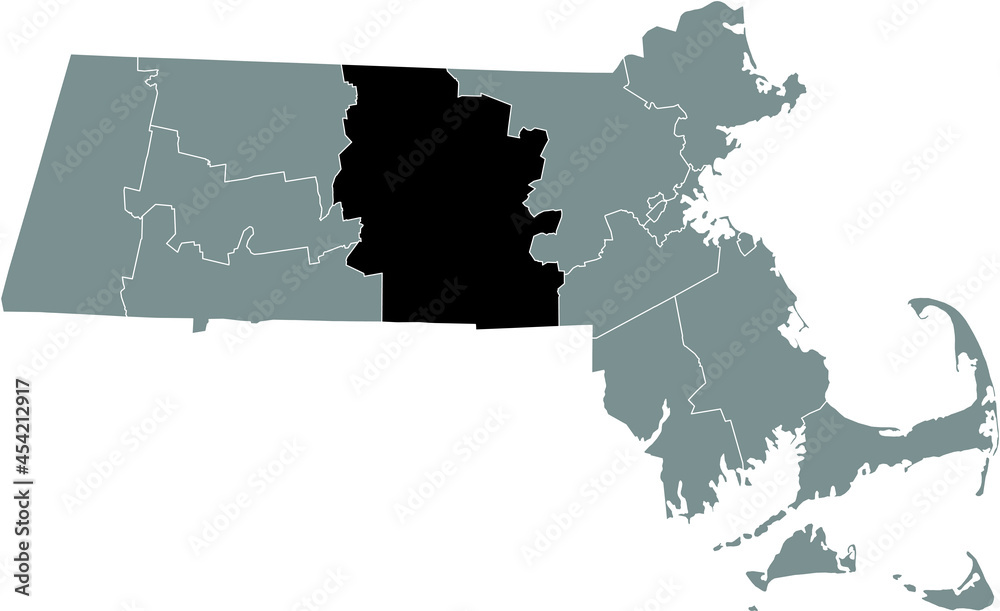 Black highlighted location map of the Worcester County inside gray map of the Federal State of Massachusetts, USA