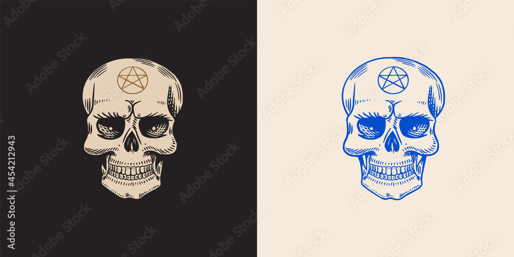 Human skull. Witchcraft or sorcery. Retro old school sketch for tattoo in vintage style. Monochrome Symbol. Hand drawn engraved retro badge for t-shirt, banner, poster and logo