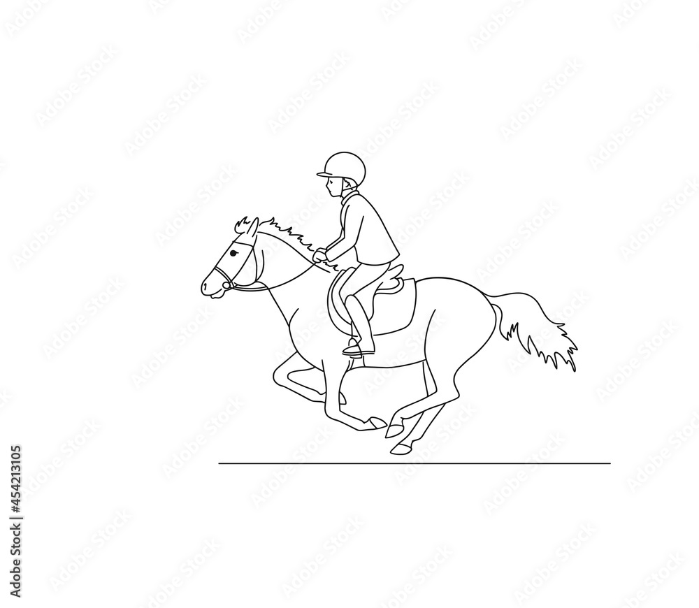 Fototapeta premium Young rider rides a pony during a competition, vector line art