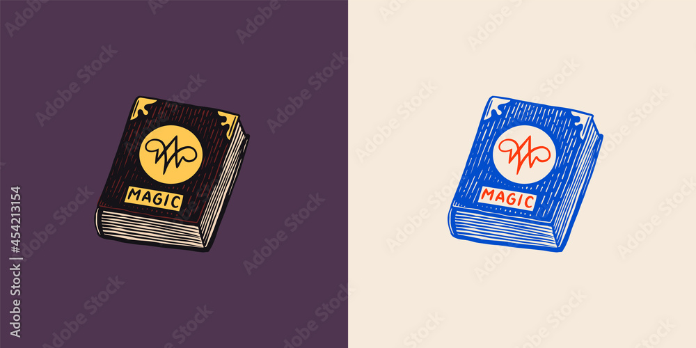 Obraz premium Witch spell book. Mystical alchemy recipes. Astrology symbol. Magic Boho illustration. Hand drawn engraved sketch for tattoo or t-shirt.