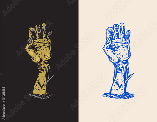 Hand of the dead. Halloween creeping zombie concept. Drawn engraved doodle sketch. Mystical Vector illustration for tattoo or t-shirt.