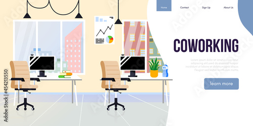 Coworking Office Space Interior. Empty Coworking or College Environment. Creative Office Workplace Horizontal Banner Flat Vector Illustration.