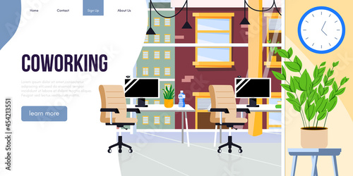 Coworking Office Space Interior. Empty Coworking or College Environment. Creative Office Workplace Horizontal Banner Flat Vector Illustration.