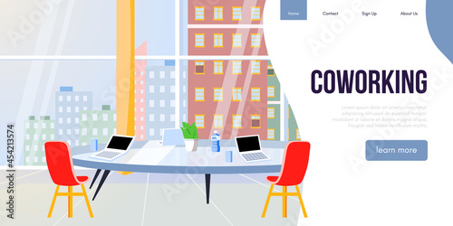 Coworking Office Space Interior. Empty Coworking or College Environment. Creative Office Workplace Horizontal Banner Flat Vector Illustration.