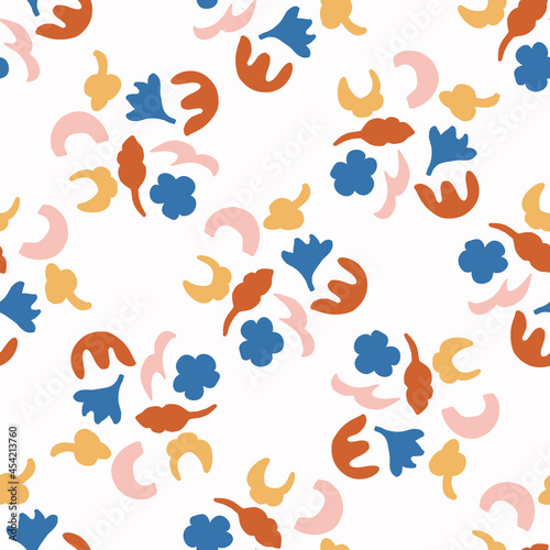Abstract playful color style cut out shape pattern. Seamless modern simple lino cut style design for retro kids all over print. Trendy geometric home decor, kid fashion, wallpaper in vector repeat. 