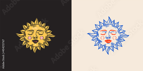 Mystical sleeping sun. Astronomy, alchemy and astrology symbol. Magic Gypsy Vector illustration. Hand drawn engraved doodle sketch.