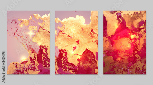 Abstract red, pink and gold fluid art alcohol ink pattern with marble texture. Set of modern luxury background with watercolor splash and golden glitter for poster, flyer, brochure design.