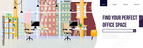 Office Space for Rent. Commercial Real Estate for Business. Office for Lease Horizontal Banner. Commercial Property for Business. Landing Page with Office Interior and Search Button.