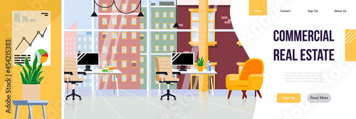 Office Space for Rent. Commercial Real Estate for Business. Office for Lease Horizontal Banner. Commercial Property for Business. Landing Page with Office Interior and Search Button.