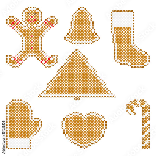 Christmas cookies embroidery, cross stitch ornament. Candy cane, gingerbread man, fir tree, bell, sock, mitten, vector.
