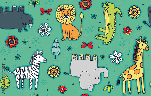 Lions, elephants, giraffes and more. These hand-drawn animals are cleverly combined into a repeating vector pattern. photo