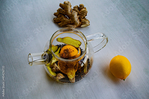 Homemade herbal tea. Ginger and lemon