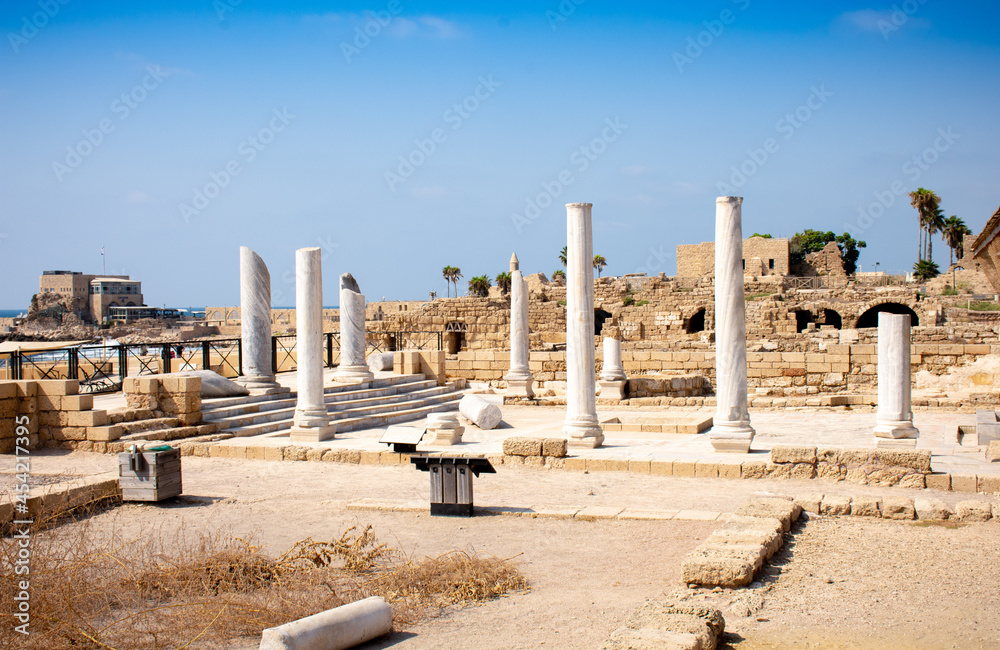 Ruins of ancient bathhouse at Caesarea National Park Israel August 2021