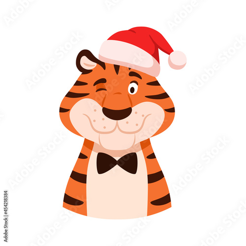 Cute winking tiger portrait isolated on white background. Cartoon striped color happy character in Santa hat. Adorable comic Chinese New Year symbol. Christmas holiday flat wildcat vector illustration