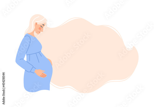 Caucasian expectant woman touching her pregnant belly. Beautiful smiling mother with long hair. Female parent waiting for baby birth. Happy pregnancy background. Flat character vector illustration.