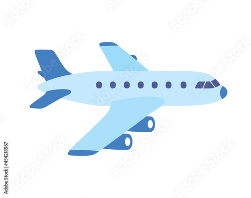 Blue jet airplane isolated on white flat vector