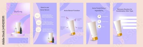 Minimal modern fashion and beauty social media story or stories banner collection kit in purple color. Including sale, product display platform pedestals, tips template design with bokeh background