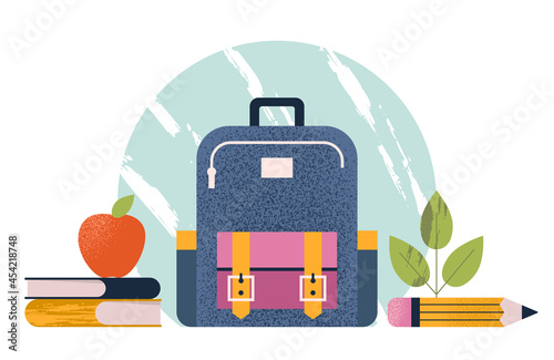 School supplies on white background. Schoolbag, books, pencil. Knowledge, education, science concept. Various colorful elements for sale flyer, web banner. Isolated trendy vector illustration