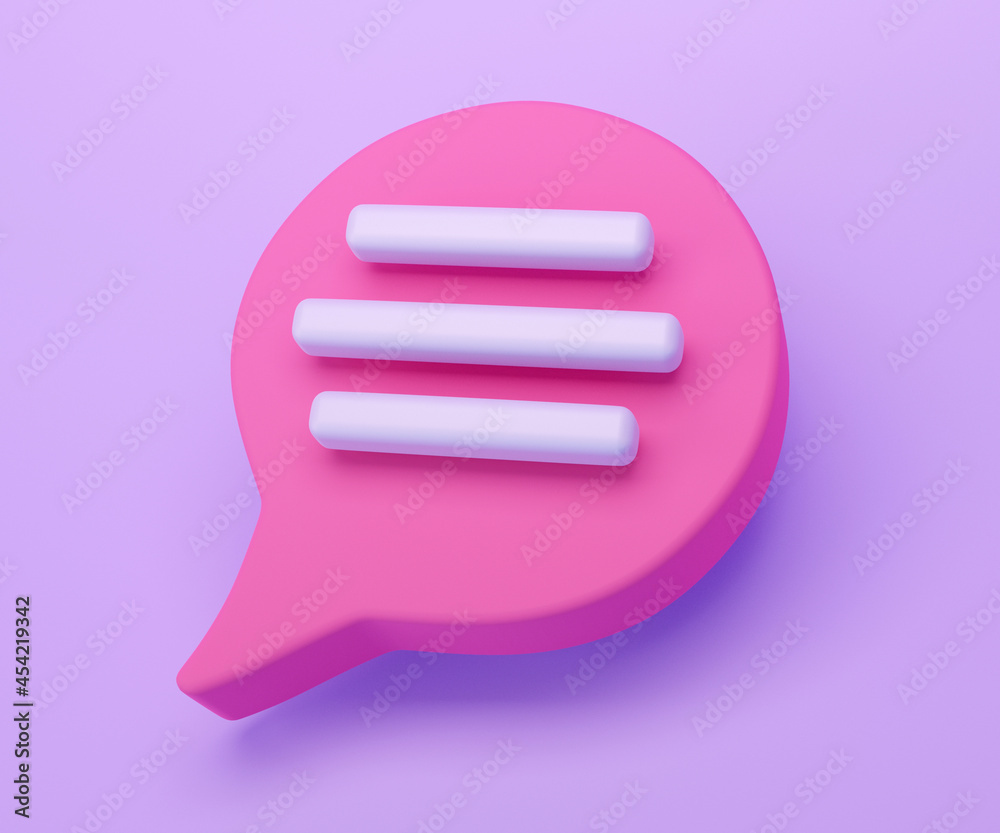 3d pink Speech bubble chat icon isolated on purple background. Message creative concept with copy space for text. Communication or comment chat symbol. Minimalism concept. 3d illustration render 3d pink Speech bubble chat icon isolated on purple background. Message creative concept with copy space for text. Communication or comment chat symbol. Minimalism concept. 3d illustration render
