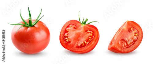 Red Tomato with half and slice isolated on white background