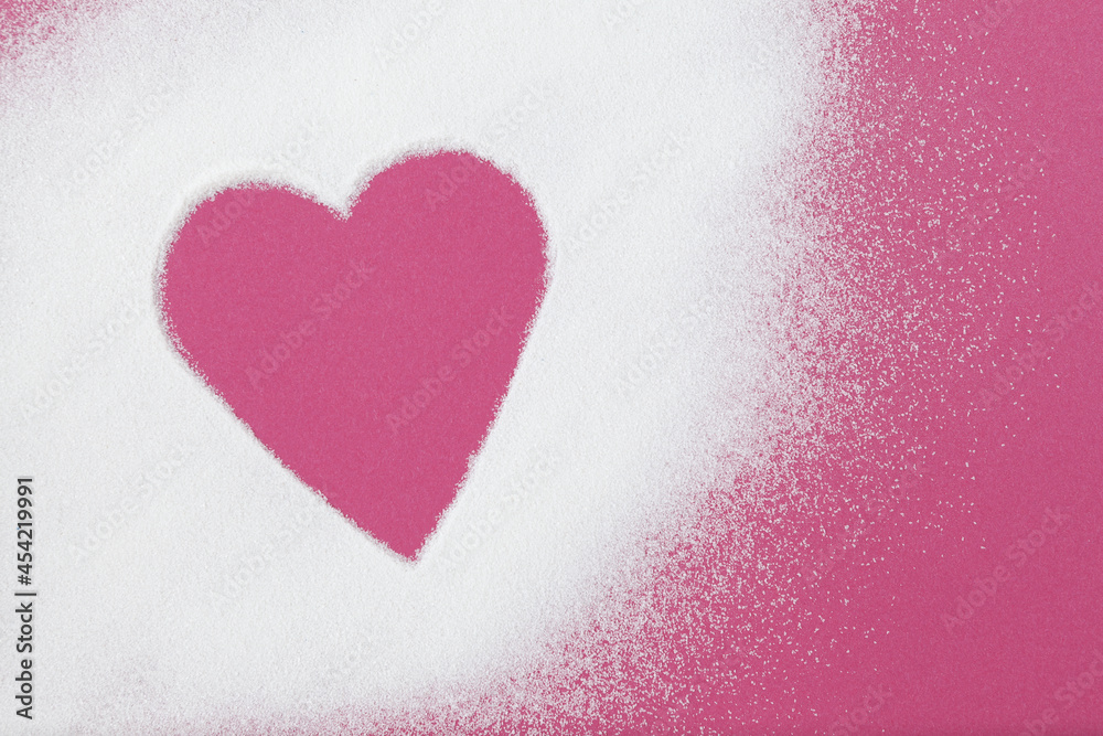 White powder is scattered on pink surface, free space is in shape of heart. Collagen, Healthy food supplement
