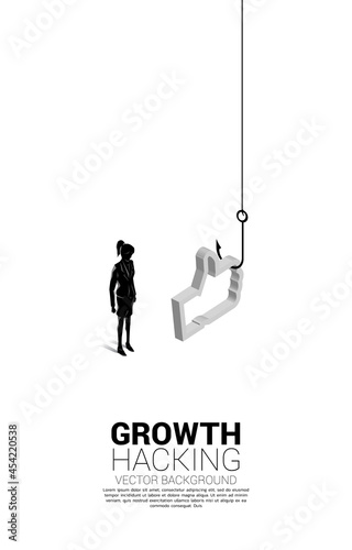 Silhouette of businesswoman standing with fishing hook with 3D like icon. Concept of click bait and digital phishing.