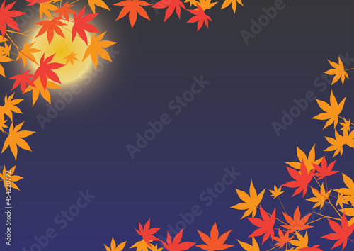 秋の月と紅葉の背景イラスト01