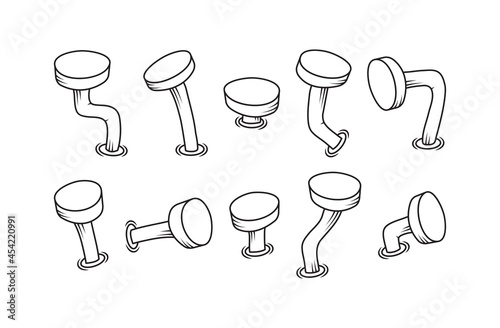 Bent cartoon old vector line nails, metal rusty spike, doodle steel crooken pin. Carpentry outline set. Construction illustration