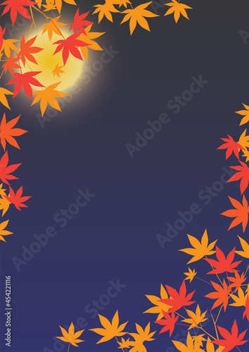 秋の月と紅葉の背景イラスト02