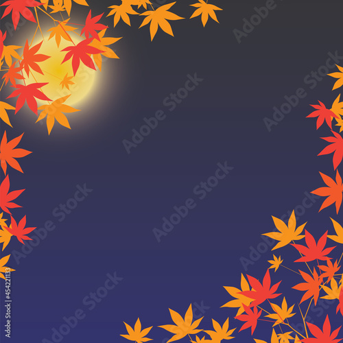 秋の月と紅葉の背景イラスト03