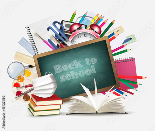 Back to school during with pandemic Coronavirus. Chalkboard with school supplies and medical mask. Vector