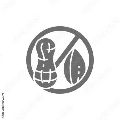 Forbidden sign with peanut, groundnut free, nut allergy grey icon.