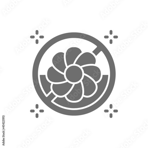 Forbidden sign with flowers, pollen allergy grey icon.