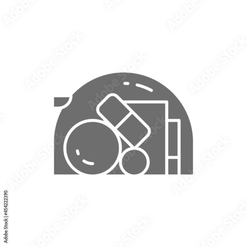 Transparent cosmetic bag, set of jars and tubes for body care grey icon.