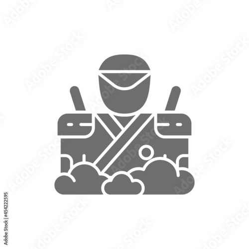 Samurai with two swords, japanese warrior, spy grey icon.