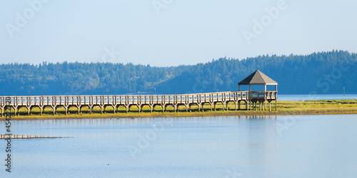 Viewing platform and boardwalk at Billy J Frank Nisqually National Wildlife Refuge near Olympia in Washington State photo