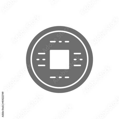 Japanese money, yen, feng shui coin, amulet for good luck grey icon.