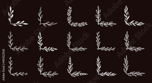 Corner flourish border set on black chalkboard. Hand drawn doodle style corner with rustic floral element. Vector illustration border.