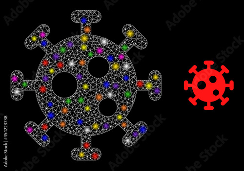 Flare mesh virus glare icon with lightspots. Illuminated vector constellation based on virus icon. Sparkle carcass polygonal virus on a black background. Linear carcass 2D mesh in vector format.